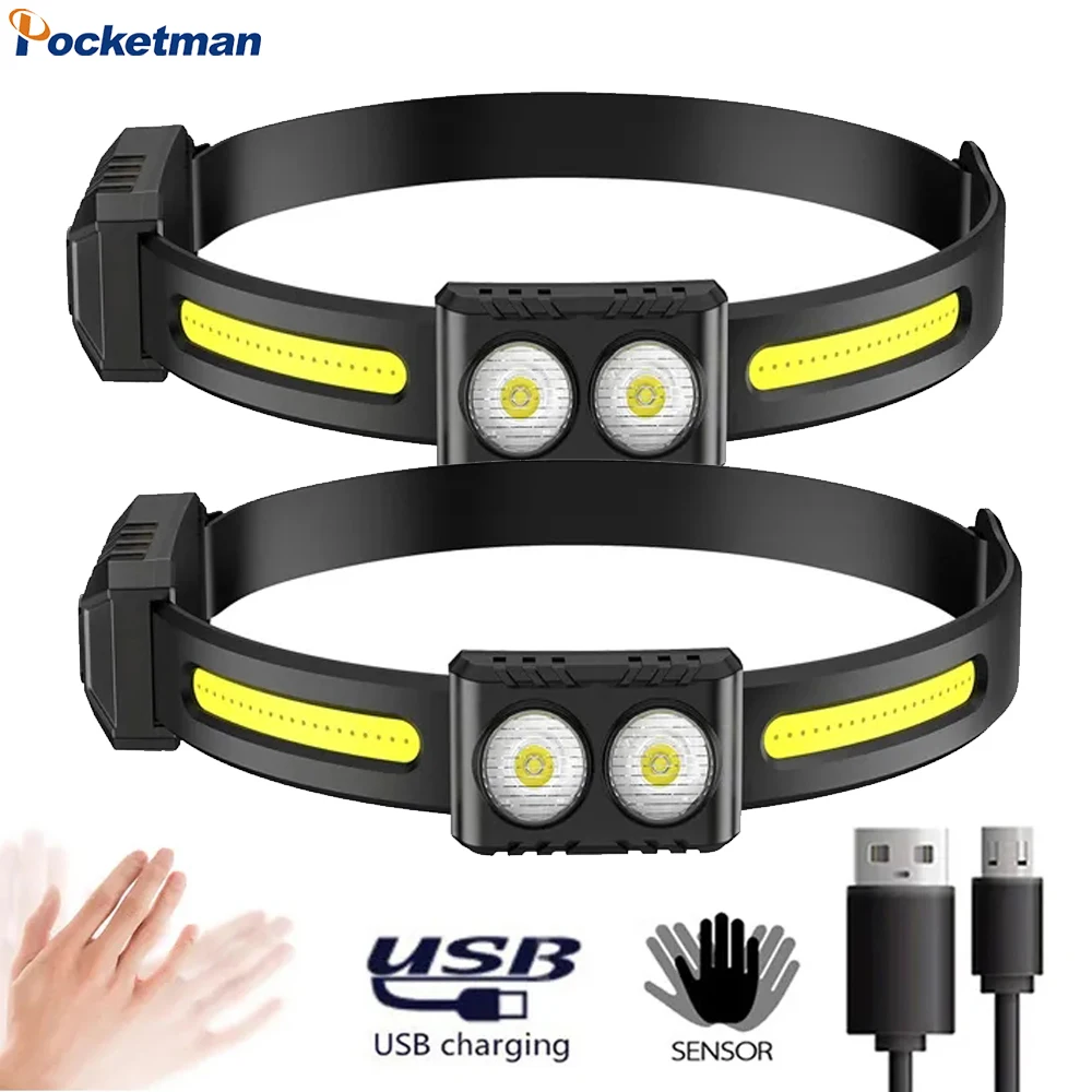 Сензор за УДАР + Led светлина USB Акумулаторни фарове, 5 режима на Главата фенерче Вградена батерия Риболовен фенер Туризъм светлината на прожекторите