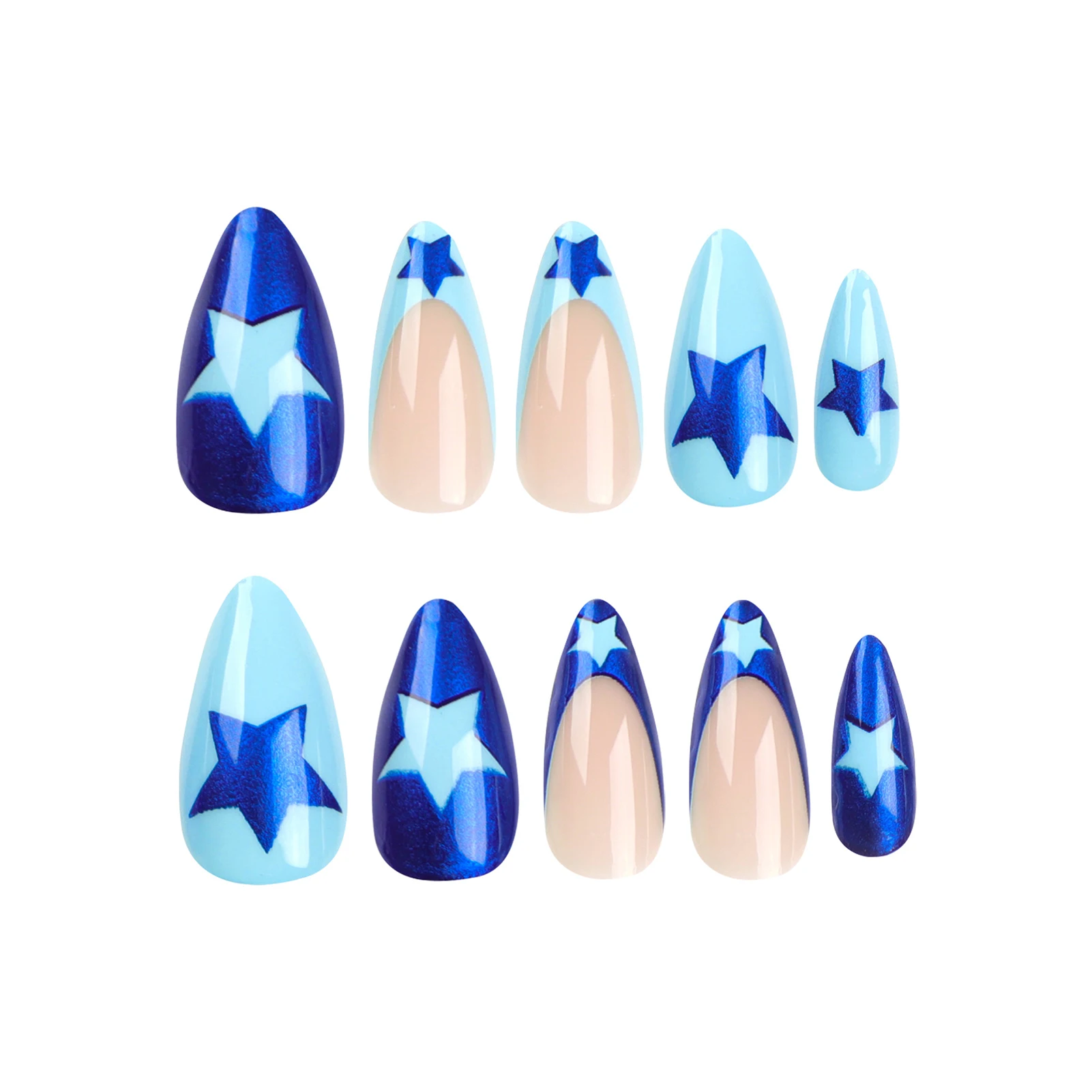 Френският външен нокти за жени със син ръб под формата на звезди, мил и готин изкуствени нокти за жени и момичета, маникюр салон в дома
