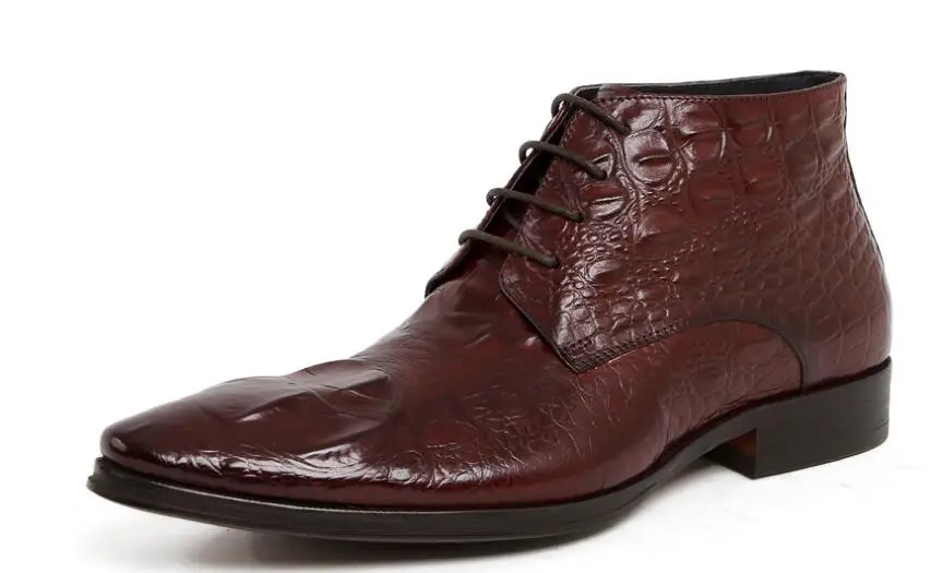 Нови класически мъжки обувки с висок берцем, обувки с остри пръсти от кожа на алигатор, мъжки ботильоны в бизнес стил дантела, зимни официалната мъжки обувки
