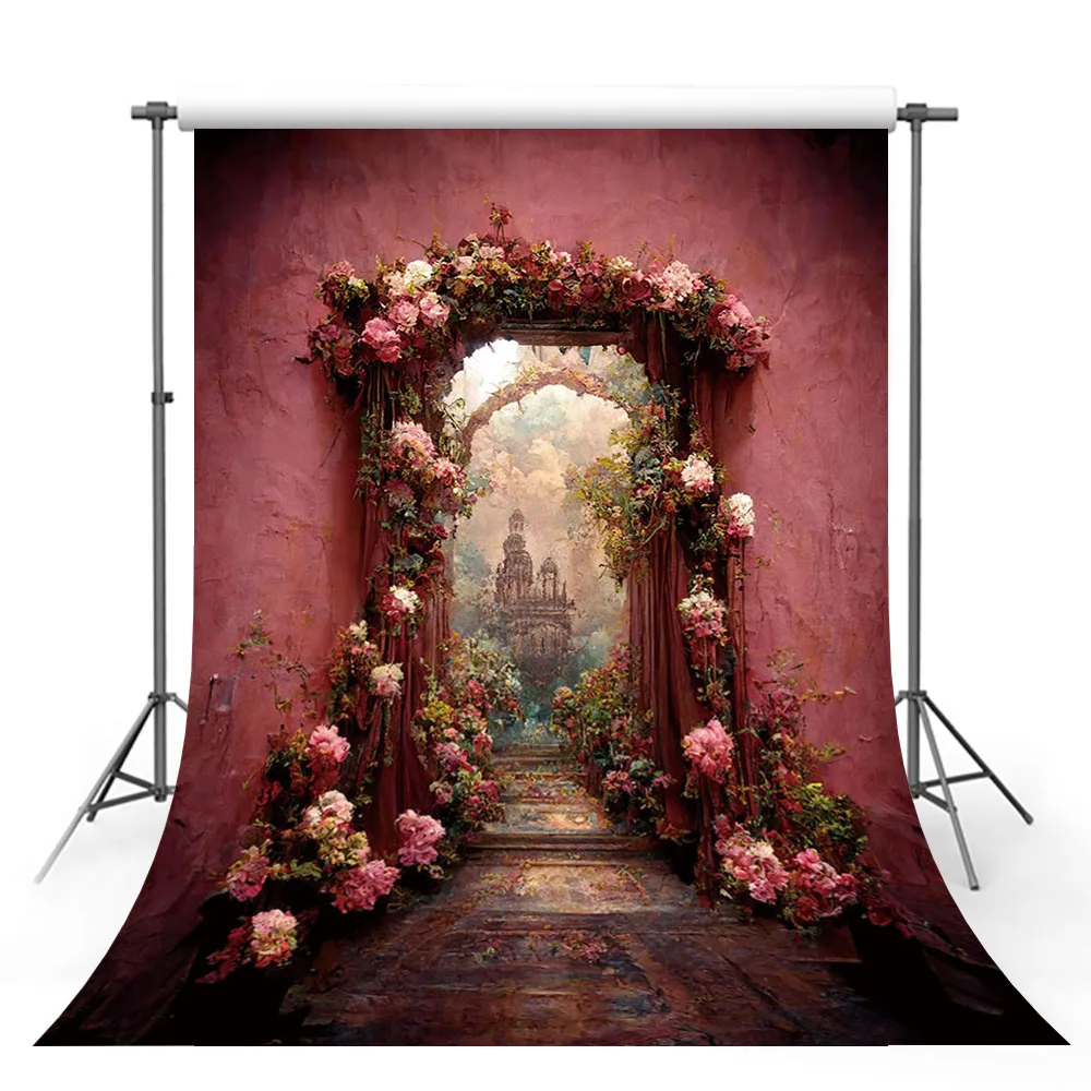 Мехофонд Пролетно Ретро Живопис с маслени Бои Фон за Снимки на Розови Цветя Вратата на Замъка на Принцеса Страната на Чудесата Заден План фото студио