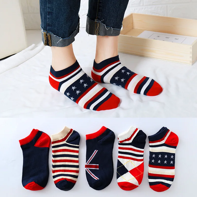 5 Двойки Мъжки Модни Памучни Чорапи С Националния Флаг, Чехли, Дишащи Мъжки Нескользящие Невидими Чорапи-Лодка В ивицата Sox Meias