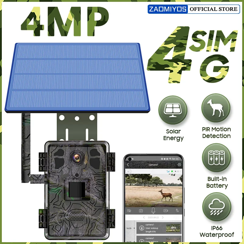 ZAOMIYOS 4G СИМ Слънчева Ловна Пътека Помещение Външно 4-Мегапиксельного за Нощно Виждане PIR Откриване на Движение 6 Батерии Водоустойчива Камера на Дивата Природа