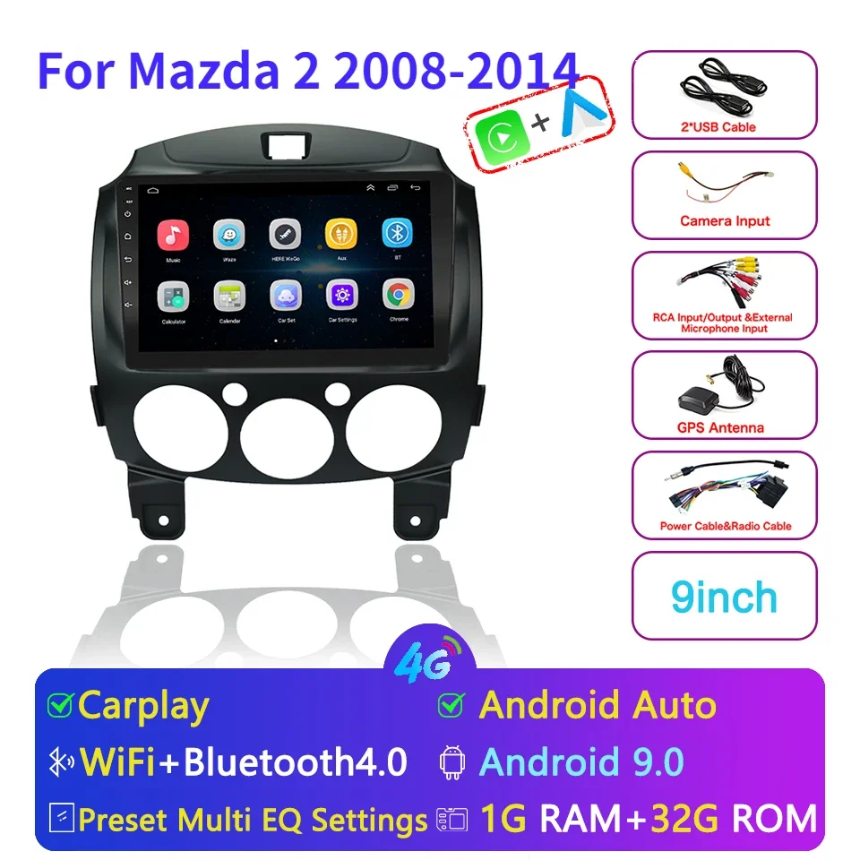 безжична Carplay Android на авточасти за Mazda 2 2008-2014 Радио Капацитивен сензорен екран, GPS навигация Bluetooth USB плейър Стерео