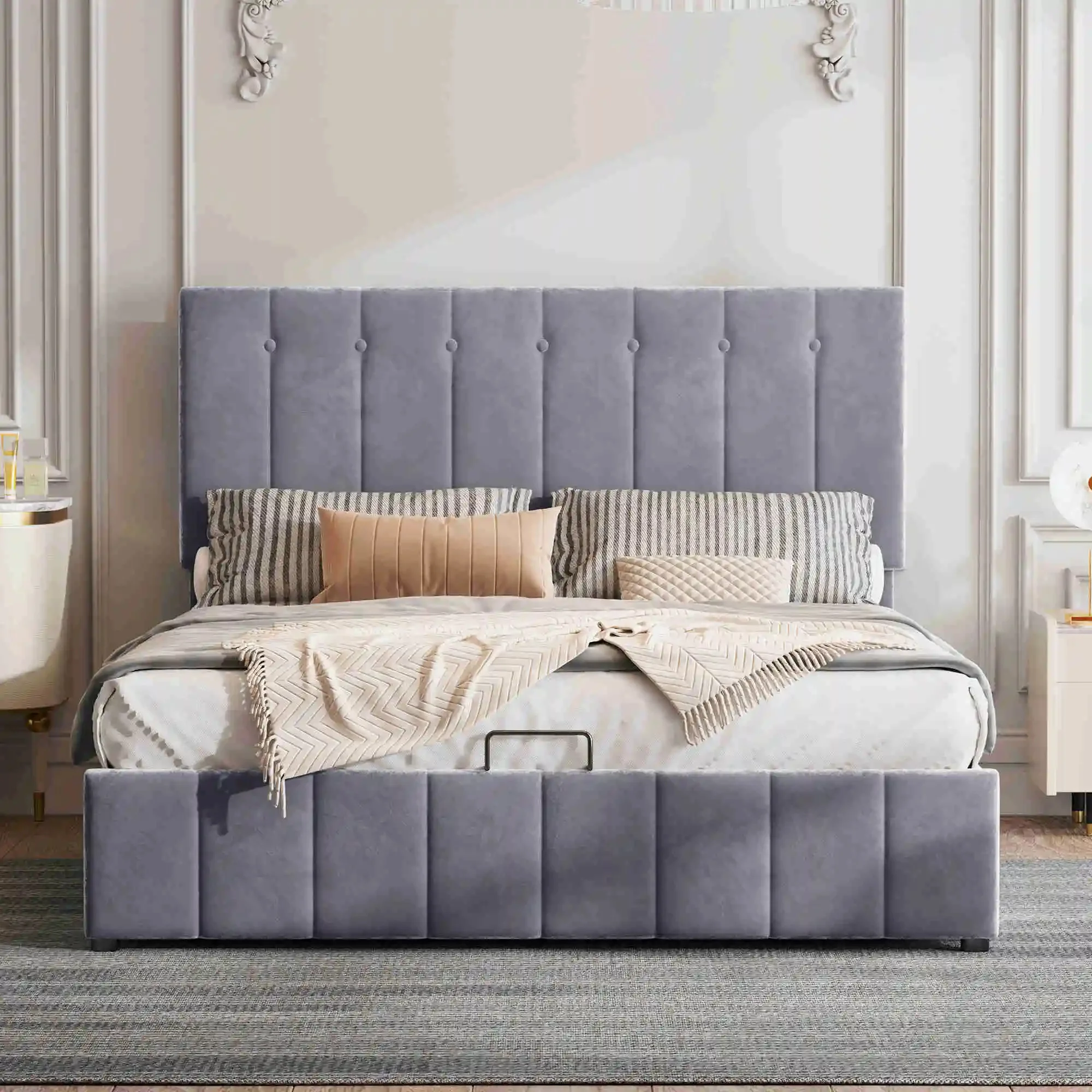140 * 200, разтегателен диван диван с място за съхранение, регулируем по височина живеейки метална пръчка рама, приятна за кожата кадифе двойно легло сив цвят