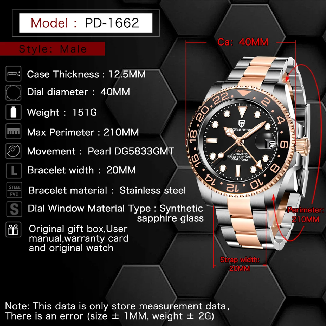 ДИЗАЙН на PAGANI Нов мъжки Механичен часовник Модерен Автоматичен часовник от Сапфир стъкло 100 м Водоустойчивост на часовника от неръждаема Стомана GMT