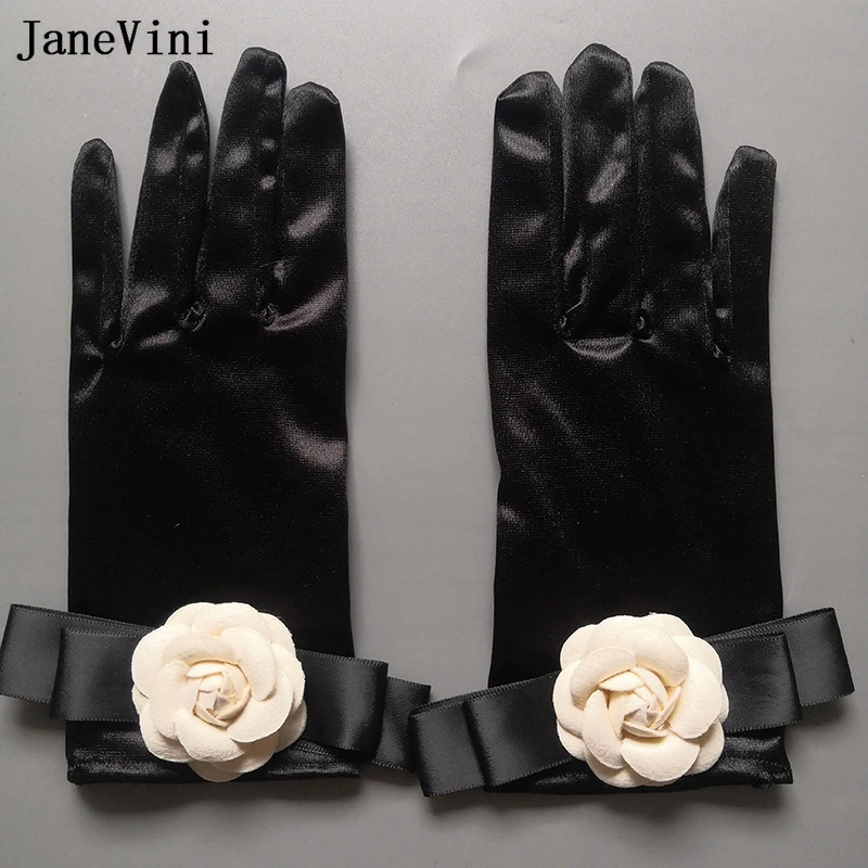 JaneVini Гант Noir Дамски черни сатенени ръкавици За сватбени партита, кратки Сватбени ръкавици с цветето камелия, вечерни ръкавици с пълни пръсти