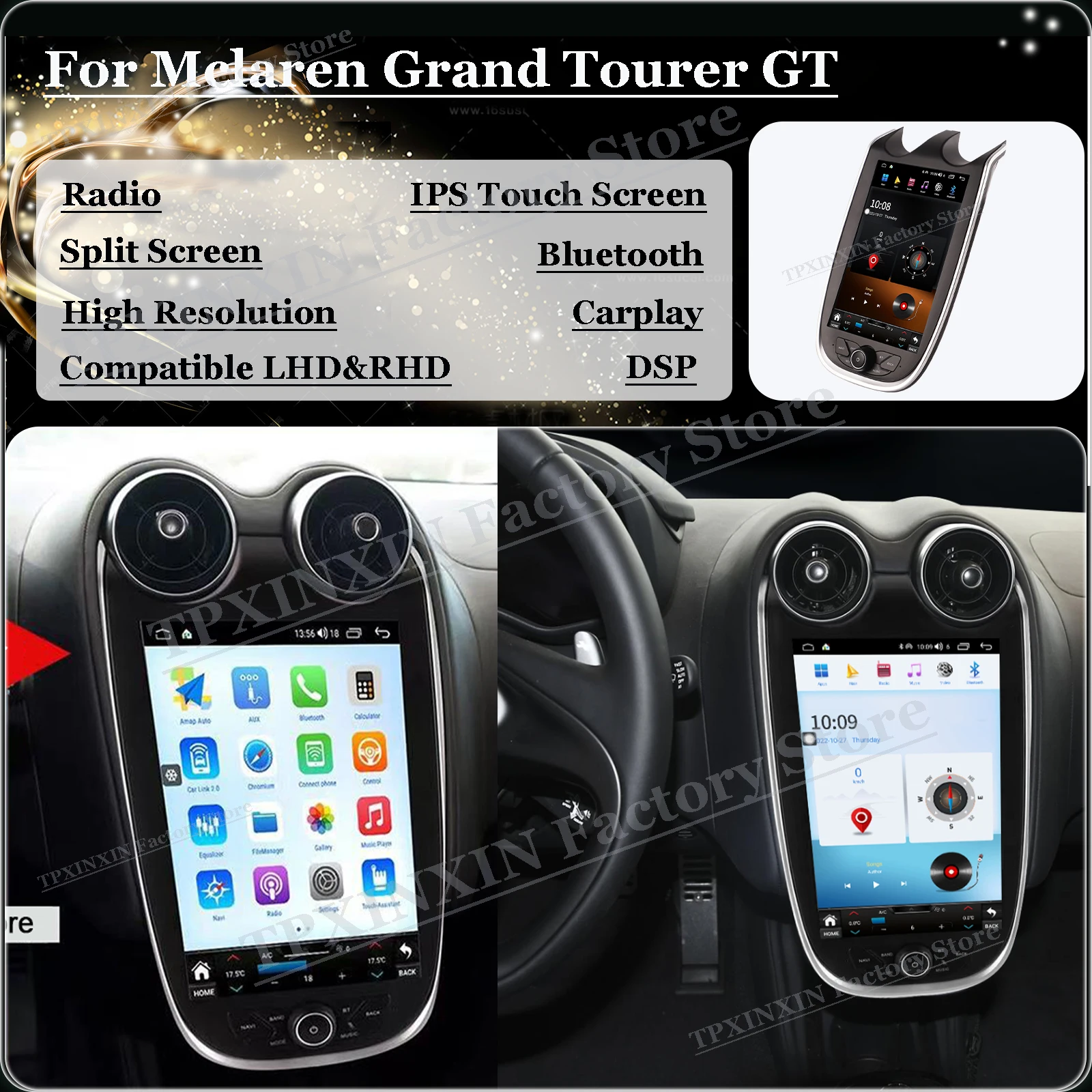 Android 12 Radio Coche с Bluetooth за Макларън Grand Tourer GT, стереоприемник с GPS-навигация, кола мултимедийно главното устройство