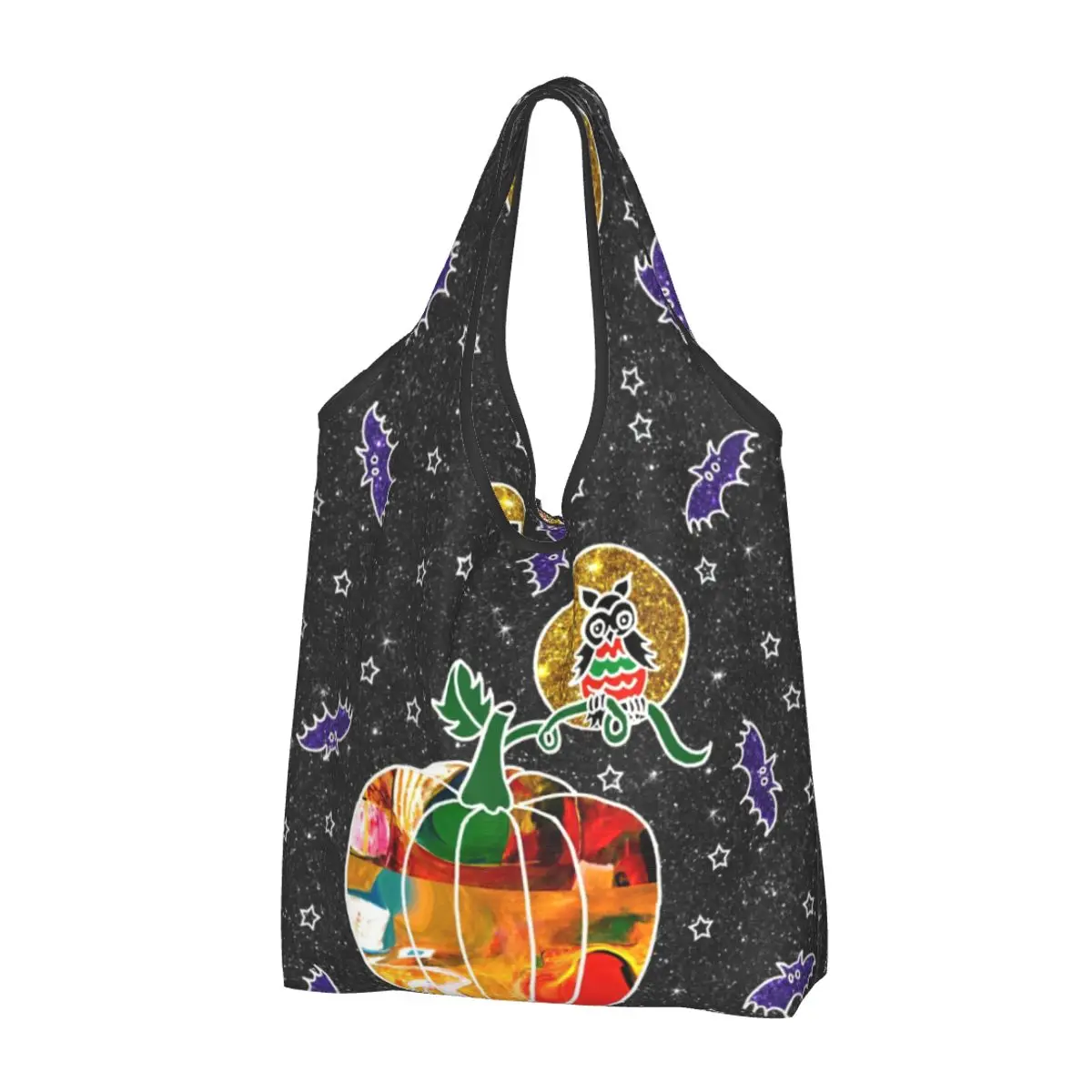 Рециклиране на чанта за пазаруване с тиква и совой на Хелоуин, на женската чанта-тоут, преносими чанти за пазаруване в магазини за хранителни стоки