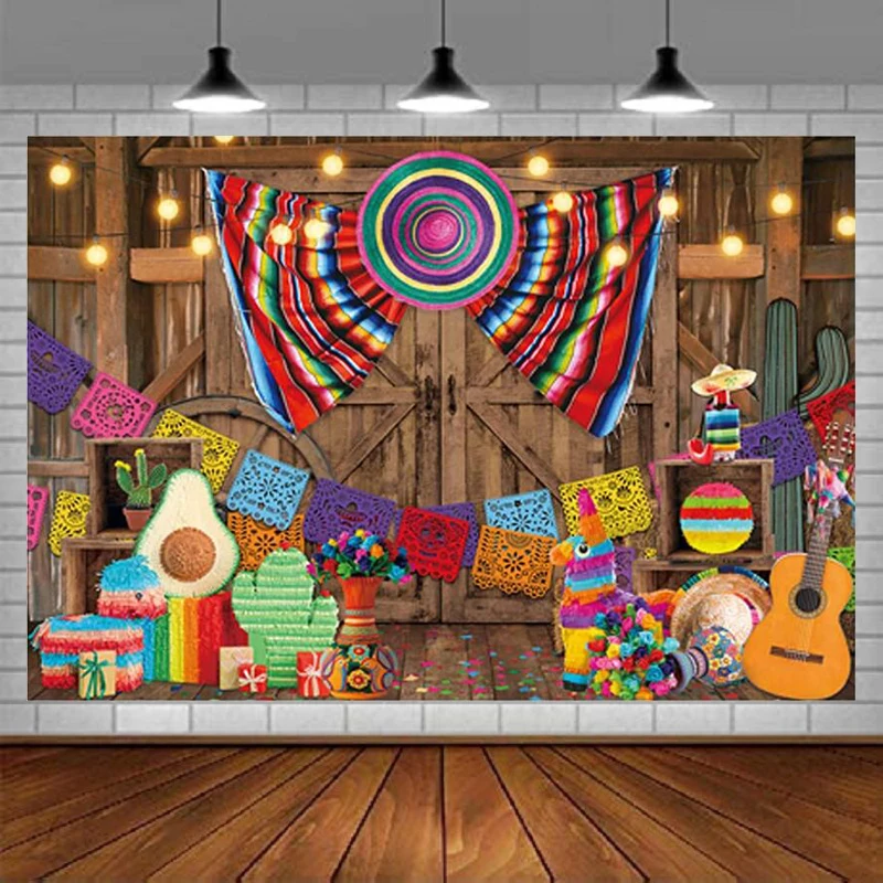 Фон за снимки Мексиканска Фиеста Цветя в ивицата Фон за парти Селски дървена врата на плевнята, Синко Де Майо Банер Щастлив фестивала