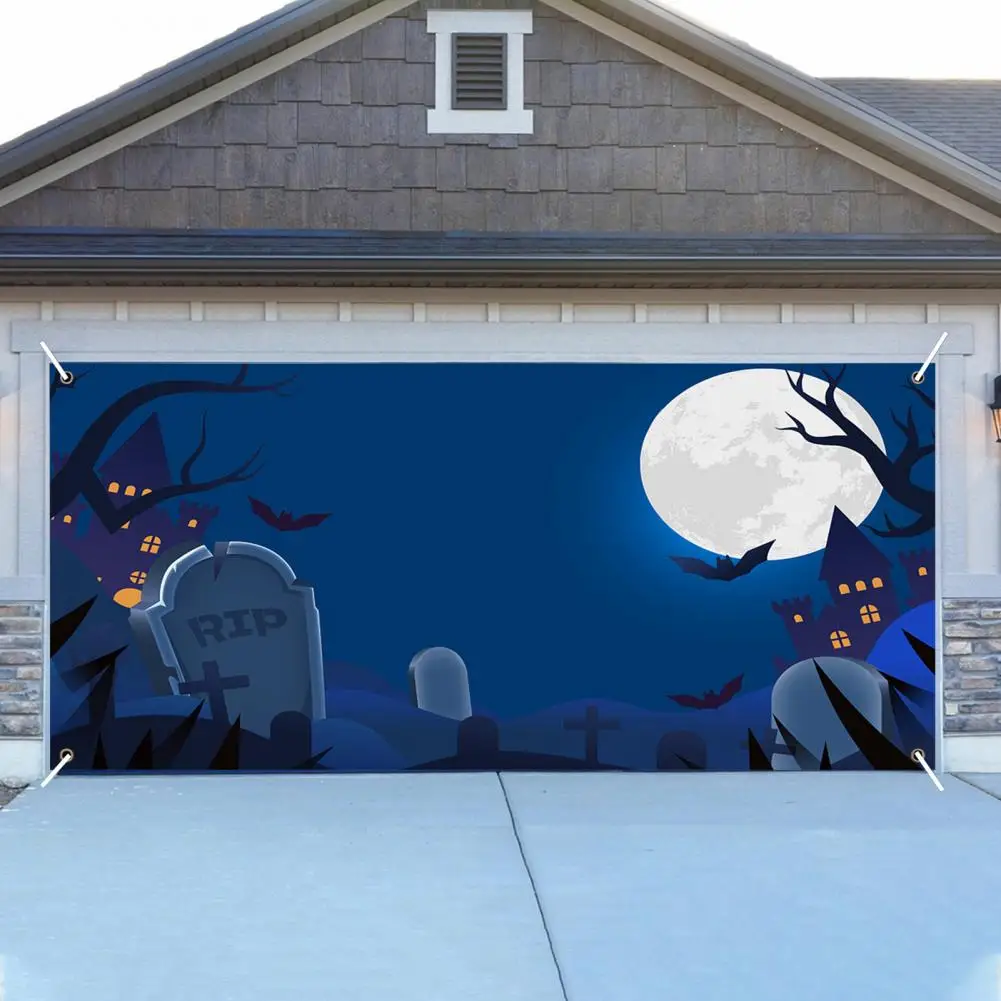 Украса гаражни врати на Хелоуин, зловещ фон за парти на Хелоуин, текстилен гоблен, който лесно се закача за украса гараж