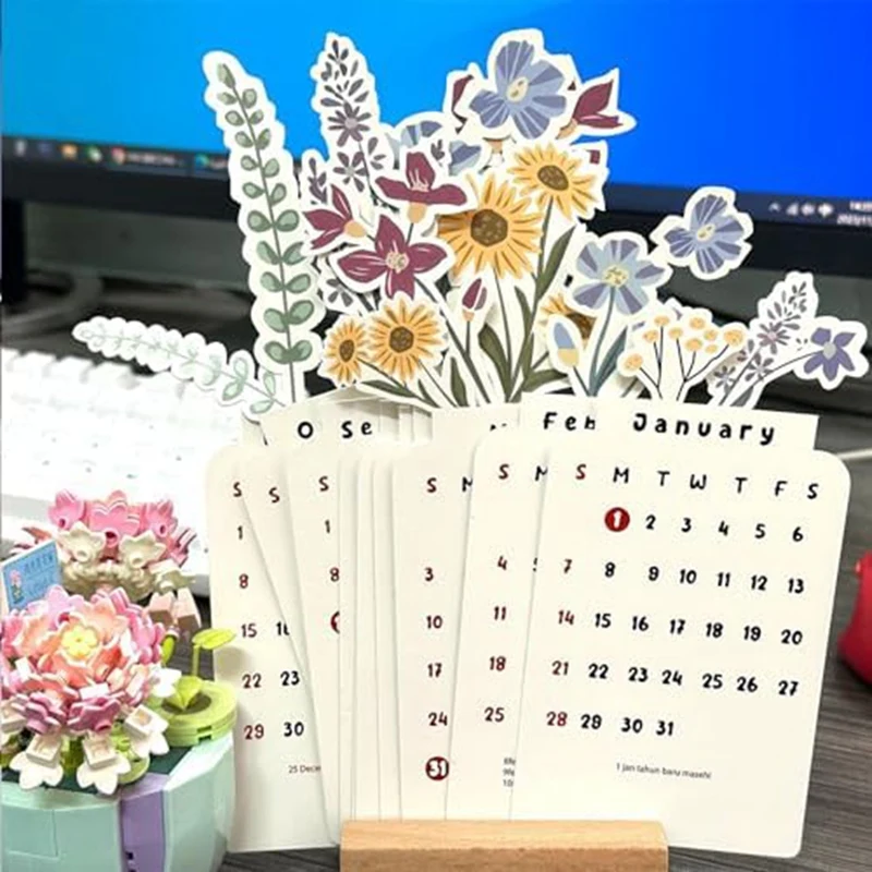Настолен календар с цветя в 2024 година, цветен и Малък настолен календар във формата на ваза, месечен planner, календар