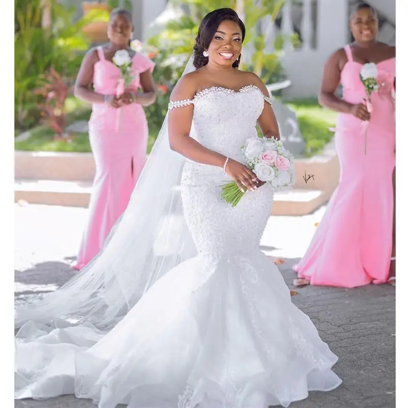 Кристали С открити рамене, рокли на Русалка на поръчка, Реколта Тюлевые дантелени апликации, сватбени рокли за младоженци в африканския стил