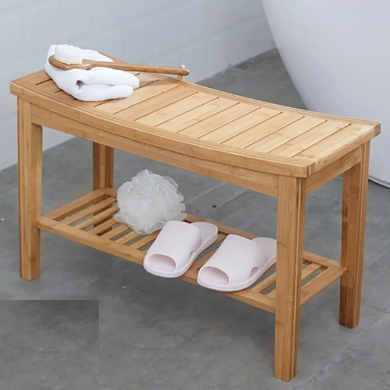 Дебели столче за баня, богат на функции Двупластова бамбук поставка за краката тоалетна, Устойчива и носеща товар Пейка за душата