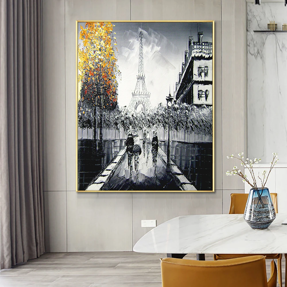 Абстрактни хора под желязна кула; 100% Ръчно рисувани живопис с маслени бои върху платно; Абстрактна фигура рисуване; Сватбена украса за дома