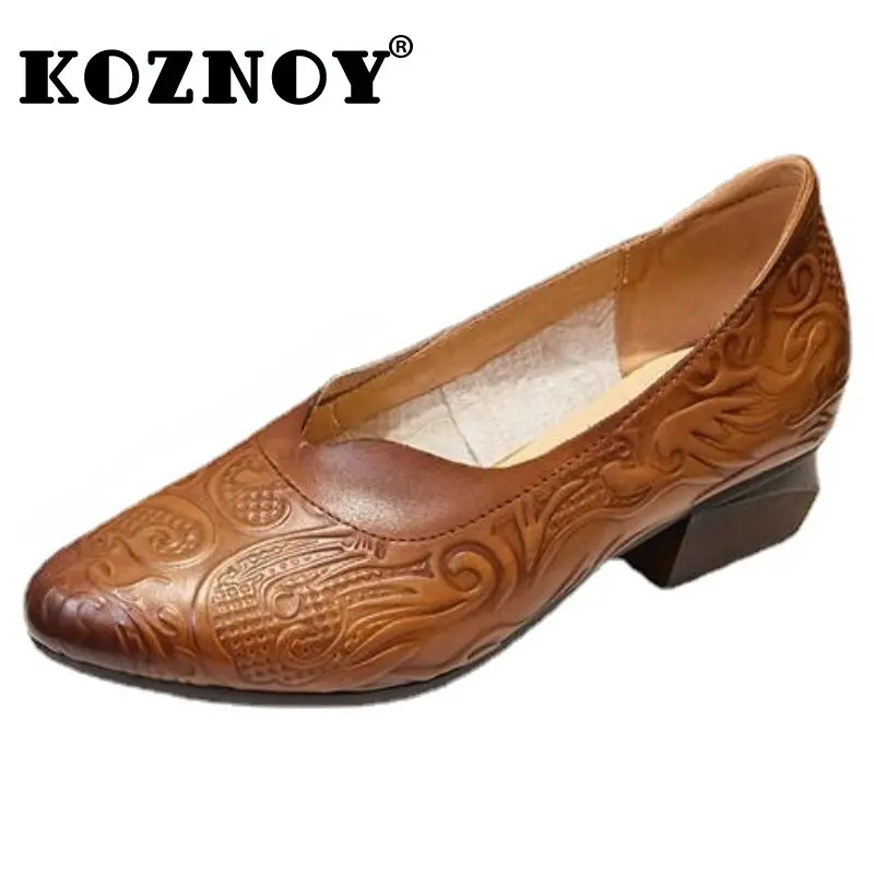 Етнически мокасини Koznoy от естествена телешка кожа, 4 см, удобни и елегантни летни дизайнерски сандали, дамски модни обувки, без закопчалка на равна подметка, елегантни обувки