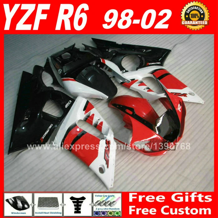горещ продавания комплект обтекателей за YAMAHA YZF R6 1998-2002 на издаване, червени, черни пластмасови детайли yzfr6 1999 2000 2001 98 - 02 комплекти обтекателей V6X4
