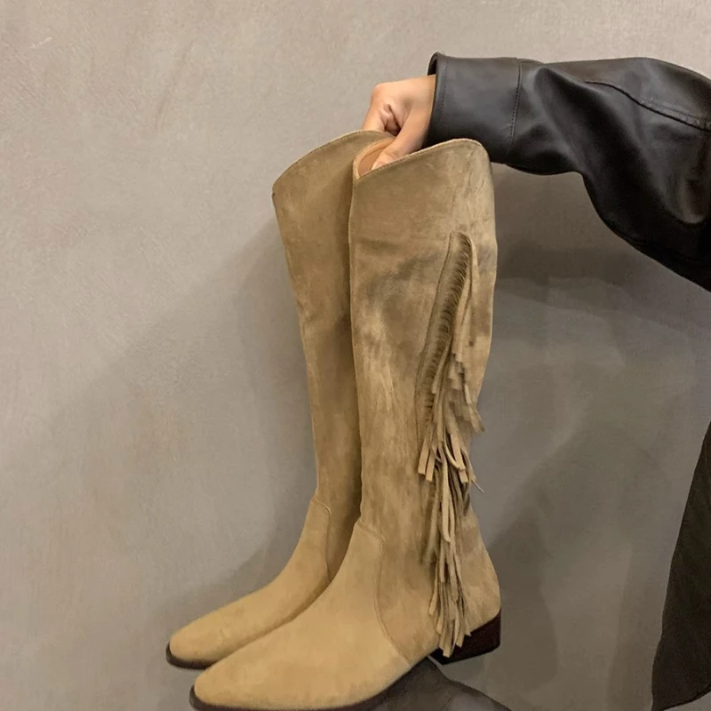 Зимни дамски ботуши до коляното от волска кожа, велур; Колекция 2023 г.; Модни дамски обувки На площада обувки С кръгло бомбе; Ботуши от изкуствена кожа, дантела; Zapatos De Mujer