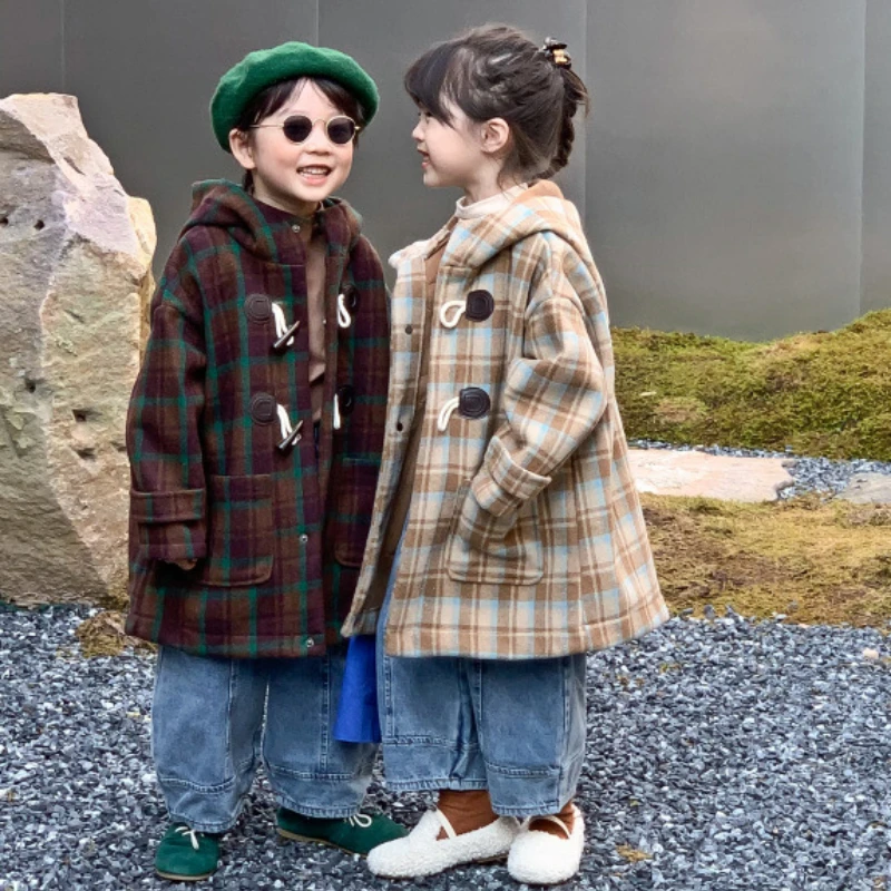 Детски каре дълги палта 2022, зимно палто, вълнена с роговыми бутони, Корея, топло яке с качулка за малки момичета, плътни дрехи за малките момчета