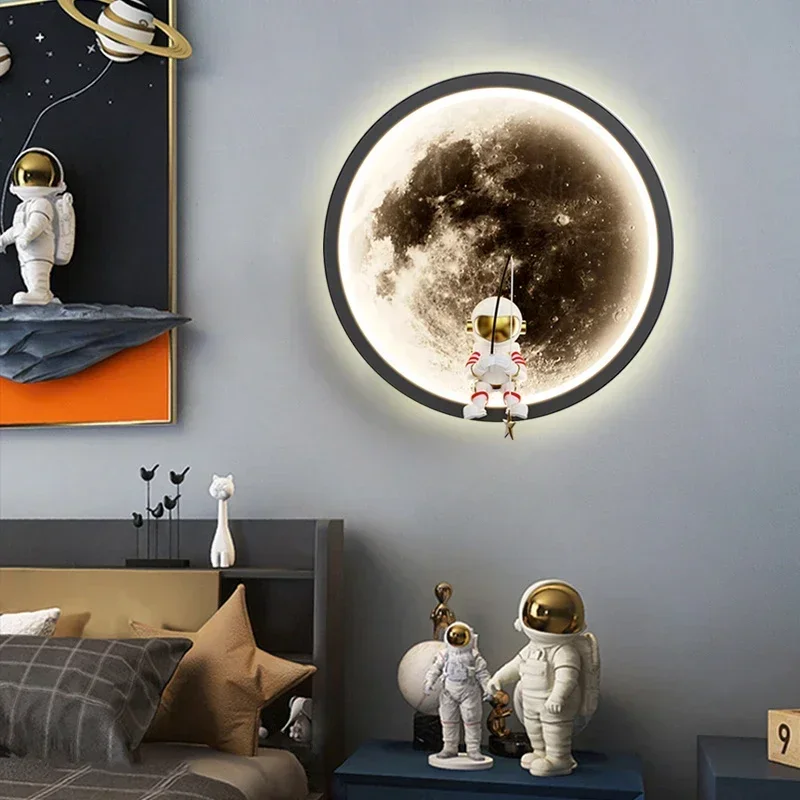 Модерният Led, С Монтиран На Стената Лампа Луна Карикатура Астронавт Стенни Аплици Детска Стая, Хол Нощно Шкафче За Спалня Начало Декор Осветление Блясък