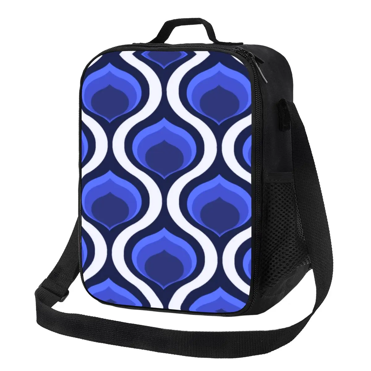 Orla Kiely, абстрактна тъкан в ретро стил, синьо-бяла Изолирано чанта за обяд, Преносим охладител, Термос за храна, обяд,-бокс за младежи