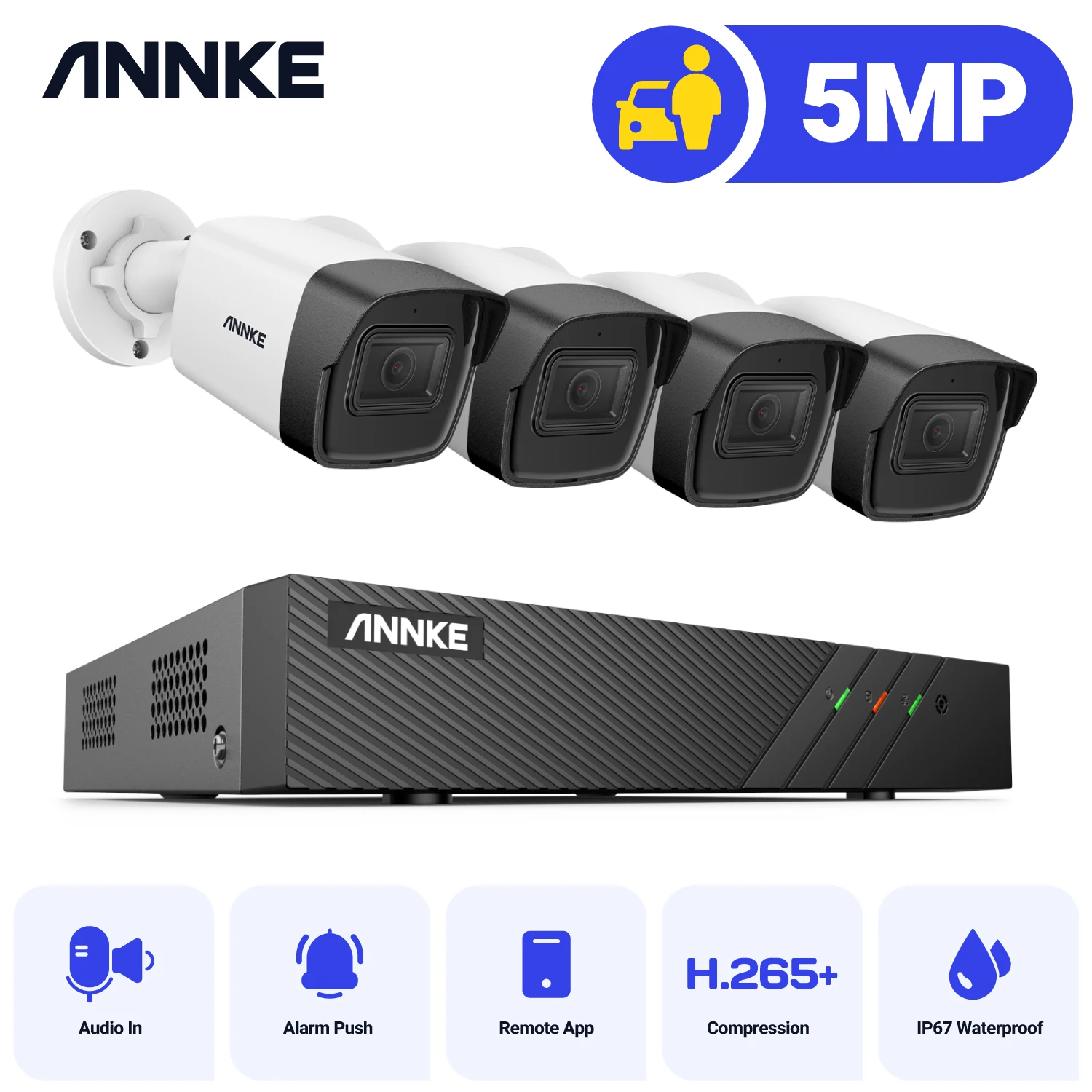 ANNKE 5-Мегапикселова камера, 8-Канален PoE Система за сигурност с 4 Камери Bullet, EXIR Night Vision H. 265 + Поддържа Комплект всякакви метеорологични камери за видеонаблюдение IP67