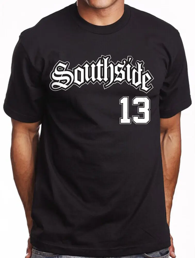 Черна тениска с изображение, South Side 13 от джърси Cholo Low Rider Art Sur Chicano 0