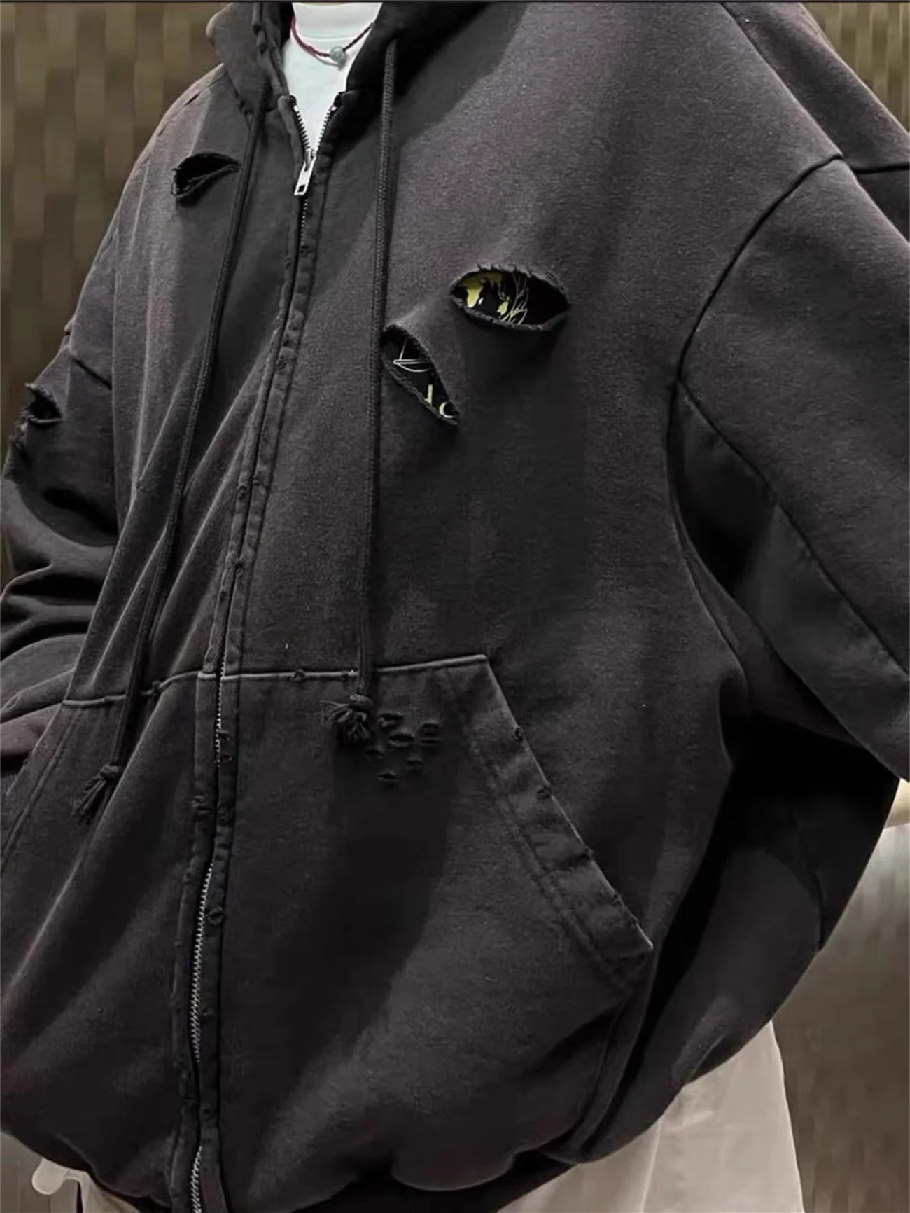 CZTOP Градинска мода GRAILZ LEARL, Выстиранная, черна, Увреждане, с дупки, двупластова памучен hoody с качулка на цип YKK за мъже с високо качество 4