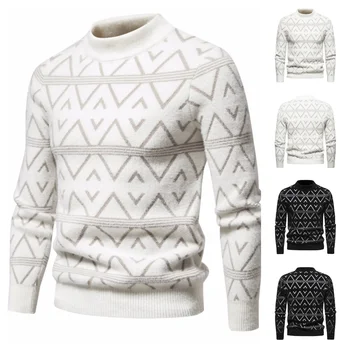 2023 Нов Мохеровый мъжки топъл пуловер с дълъг ръкав и ромбовидным жаккардом, вязаный топ