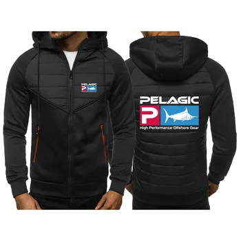 2024 Ново лого Pelagic Fishing, трикольор яке с качулка, Пролетно-есенна мъжки Ежедневни Тънка яке с цип в стил мозайка, блузи с дълъг ръкав