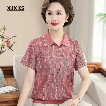 XJXKS 2023, лятна нова тениска с ревери и къс ръкав, дамски блузи, свободни женски ризи размер оверсайз S-5XL