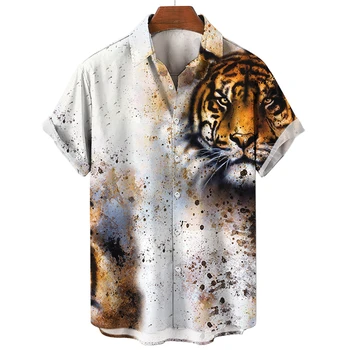 Лято 2023 За мъже, Ризи, блузи с къс ръкав, Дрехи с изображение на Тигър, Когато е на Улицата, облекло Оверсайз, Лятна Мъжка риза с животни