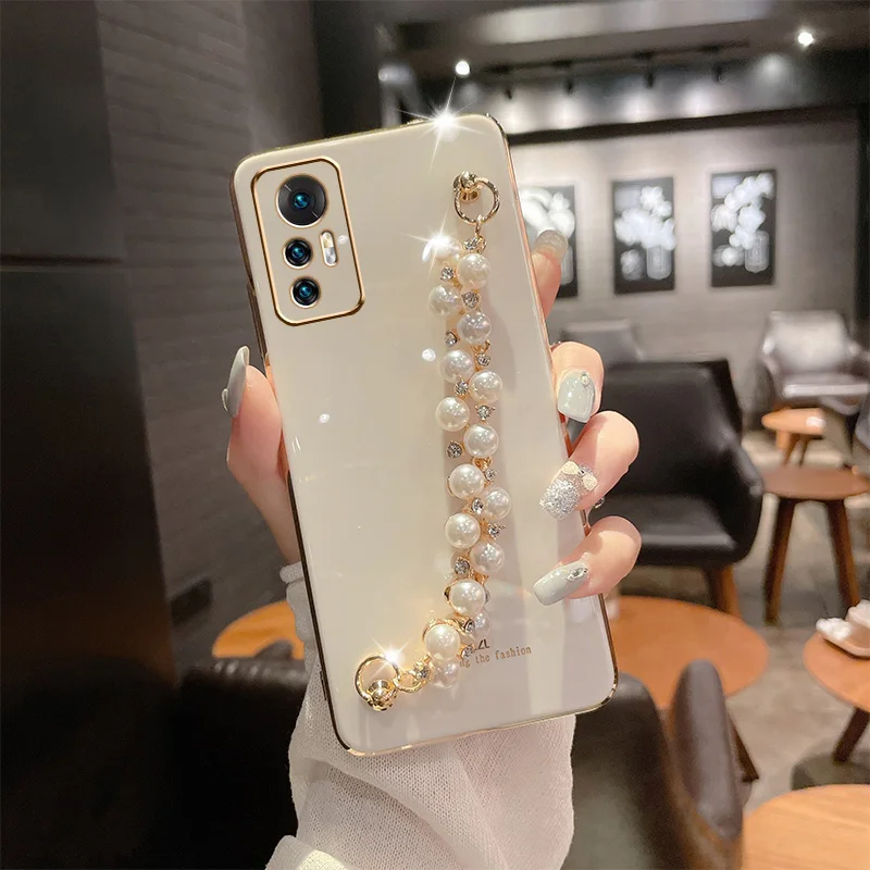 Луксозен калъф-верига с диаманти и перли за Xiaomi Mi 12 Pro Lite, мек силиконов калъф