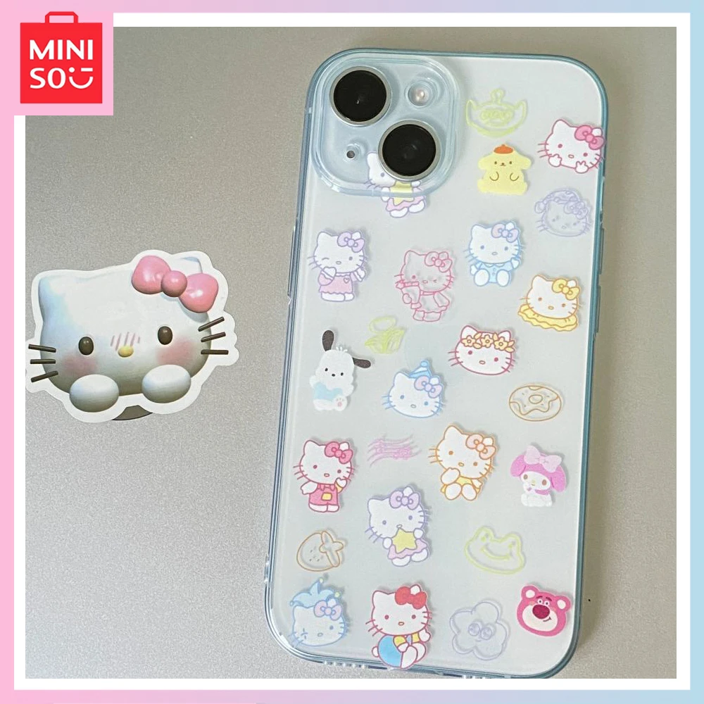 Miniso Sanrio Hellokitty Подходящ за Iphone 15 14 Promax Калъф за телефон Iphone 13 12 11 Мек калъф Прозрачен калъф с шарките на аниме