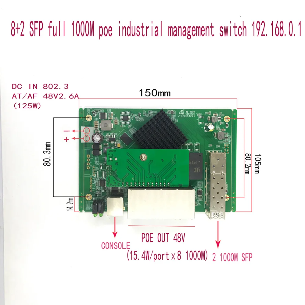 Управление на ПР 8-портов промишлен модул switch PoE Ethernet 10/100/1000 Mbit/с Управляван модул ключа с 2-гигабитным SFP-ключ