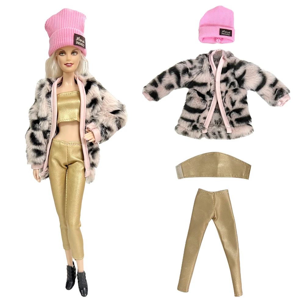 NK 1 комплект Куклено рокля в стил стрийт-арт, проста розова шапка, ТОП, Модни златисти панталони за Барби кукли, аксесоари за играчка дома 1/6
