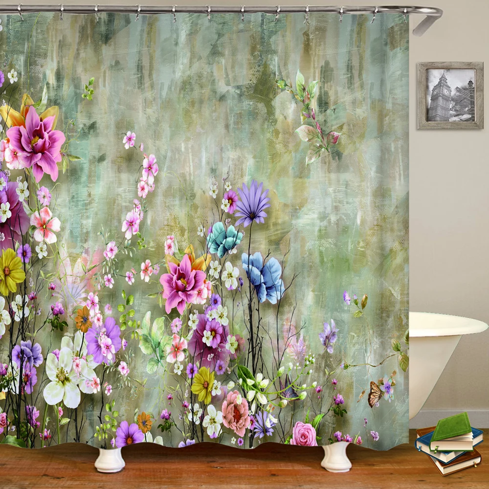 Завеса за душ с флорални мотиви с цветя на 3D принтом, завеса за душ с плетене на една кука, Полиестерна Водоустойчива душ завеса за домашен интериор 180x180 0