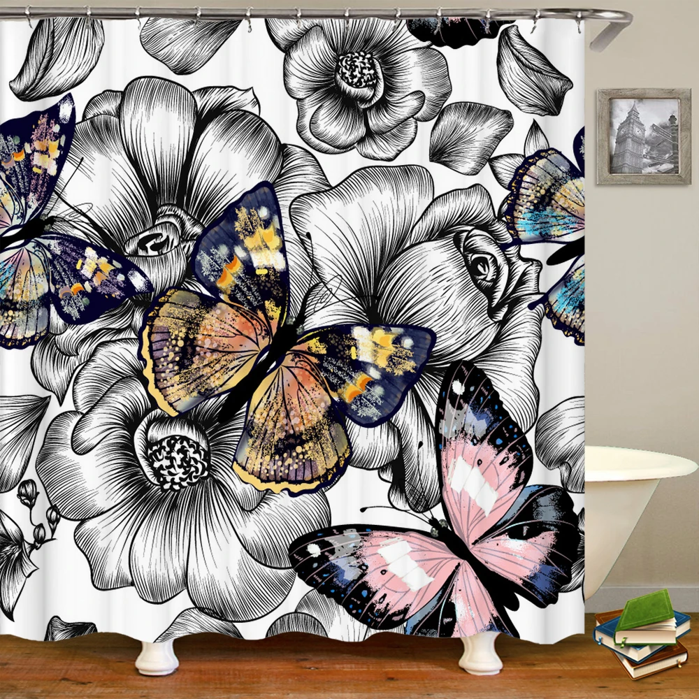 Завеса за душ с флорални мотиви с цветя на 3D принтом, завеса за душ с плетене на една кука, Полиестерна Водоустойчива душ завеса за домашен интериор 180x180 1