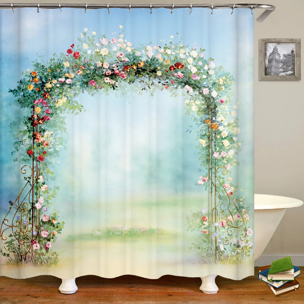 Завеса за душ с флорални мотиви с цветя на 3D принтом, завеса за душ с плетене на една кука, Полиестерна Водоустойчива душ завеса за домашен интериор 180x180 2