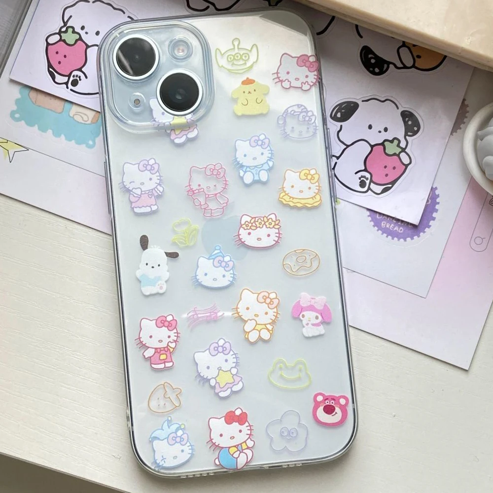Miniso Sanrio Hellokitty Подходящ за Iphone 15 14 Promax Калъф за телефон Iphone 13 12 11 Мек калъф Прозрачен калъф с шарките на аниме 5
