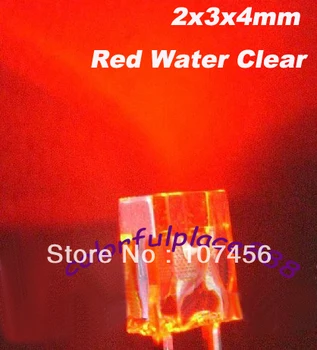 100шт, 2x3x4 мм, червени ультраяркие червени лещи с чиста вода, нови led лампи