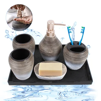 5шт Текстурирани Керамични Набор от аксесоари за баня Включва сапун ястие Опаковка Лосион Притежателя на четка за зъби, Комплект чаши за изплакване на гърлото 0