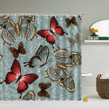 Водонепропусклива завеса за душ с цветя модел във формата на пеперуда, завеси за баня, 3D-печат с куки, завеса за душ или мат