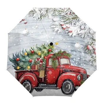 Коледен камион с елхови листа и плодове, чадър от дървени дъски за улица, напълно автоматично дъждовна чадър с осем кости, подарък чадъри за възрастни