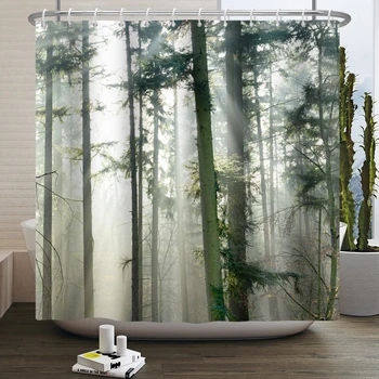 Лесовъдство 3D Завеса за душ, Начало декор в банята, Вратата се Завеса, Водоустойчив С Куки, Природен пейзаж, Завеси в борова гора Джунгла 1