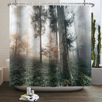 Лесовъдство 3D Завеса за душ, Начало декор в банята, Вратата се Завеса, Водоустойчив С Куки, Природен пейзаж, Завеси в борова гора Джунгла 4