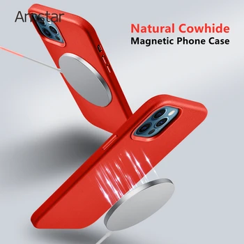 Магнитен Калъф Amstar от Естествена Телешка Кожа за iPhone 12 Pro Max 12 Mini от Естествена Кожа с Магнитна Безжично Зареждане