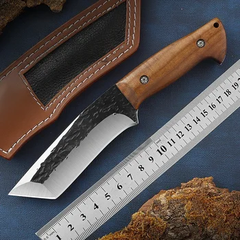 Открит Преносим Прав нож от стомана с висока твърдост, военни Тактически ножове за самозащита, Лов и риболов, круша, дървена дръжка