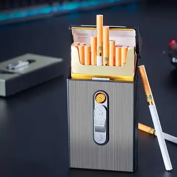 Портсигар с приспособления-зажигалками за мъже 20pcs Кутия за съхранение на цигари Титуляр за тютюн USB-запалка за зареждане Аксесоари за пушачи 0