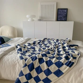 Скандинавски меко вязаное одеяло в восковую шахматна клетка, покривки за односпального дивана, коварен одеяло за кондициониране на въздуха, малко одеяло